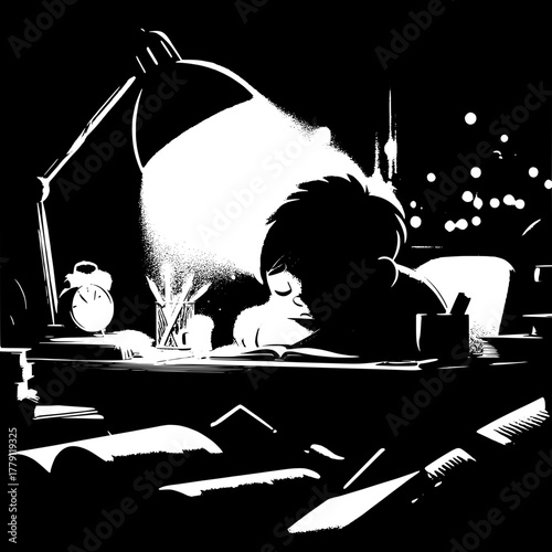 Black and White Vector Silhouette of Boy with Parents Arguing Over Grades