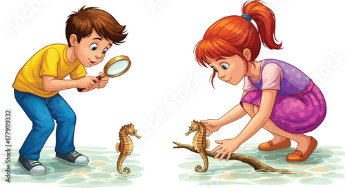 Children observing seahorses, nature exploration, marine life study, magnifying glass, driftwood interaction, curiosity moment, environmental care, educational scene, vector illustration