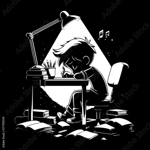 Black and White Vector Silhouette of Boy with Parents Arguing Over Grades