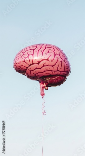 Brain-shaped helium balloon floating in blue sky — conceptual mental health, creativity, and intelligence metaphor with copy space
