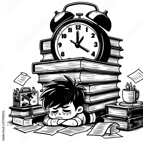 Black and White Vector Silhouette of Boy Standing Under Spotlight Holding Exam Sheet