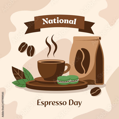 National espresso day illustration with a cup of coffee, coffee bag, beans, and a macaron