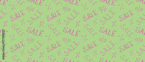 Vector seamless pattern with inscription Sale and percent signs. Hand drawn background and texture on theme of Black Friday, discounts, promo, commercial and special offers. Handwritten backdrop