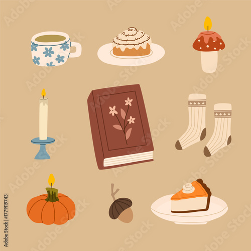 Cozy autumn elements collection. Book, tea cup, socks, cinnamon roll, pumpkin pie, candle. Fall hand drawn composition with warm reading atmosphere. Flat vector illustration.