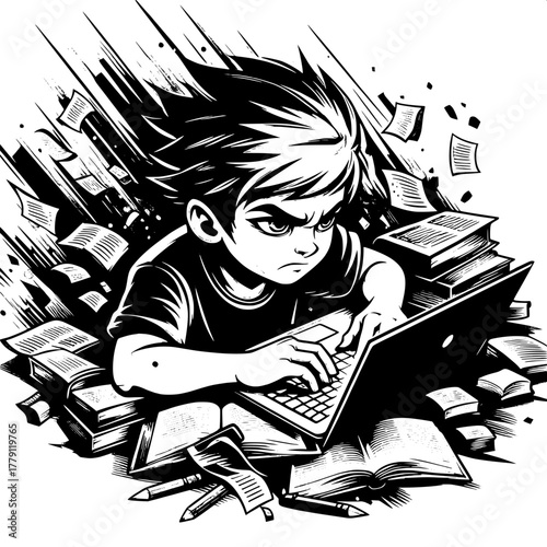 Black and White Vector Silhouette of Boy Pulling Hair in Frustration