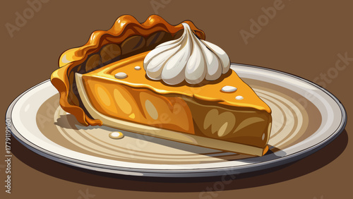 Very beautiful close-up of pumpkin pie slice on white plate, whipped cream on top, realistic texture and warm light.