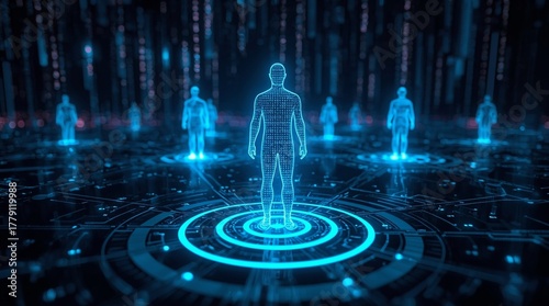 Wallpaper Mural Digital holographic human figures standing in a futuristic data network symbolizing artificial intelligence, virtual identity,and technology evolution Torontodigital.ca
