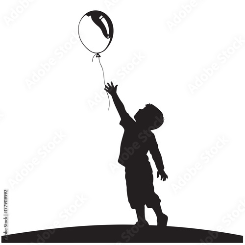 Young Boy Silhouette Reaching for a Floating Balloon on a White Background