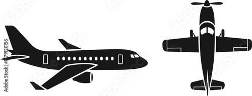 Two airplane silhouettes, one showing the side view of jet plane and the other a front view of a propeller plane, isolated on a clean white background for transportation or travel industry materials.