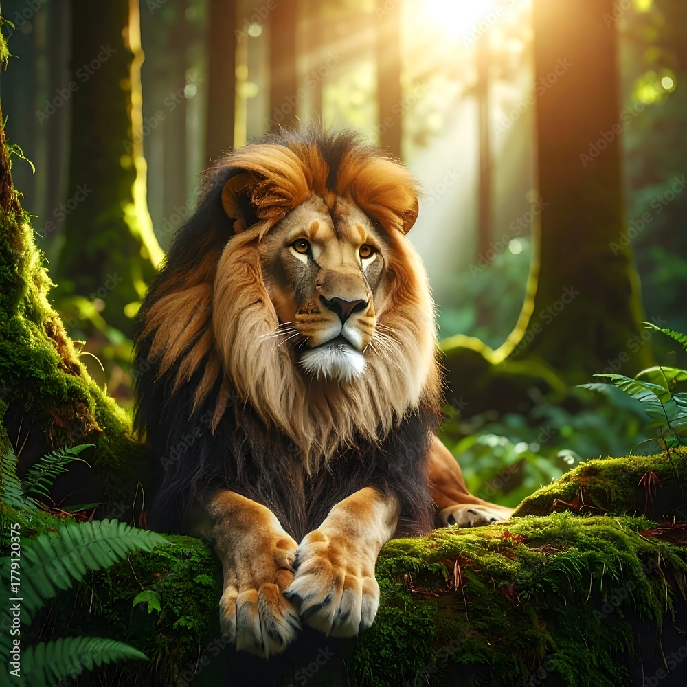 Fototapeta premium Majestic lion resting serenely on a moss-covered branch in sunlit woods