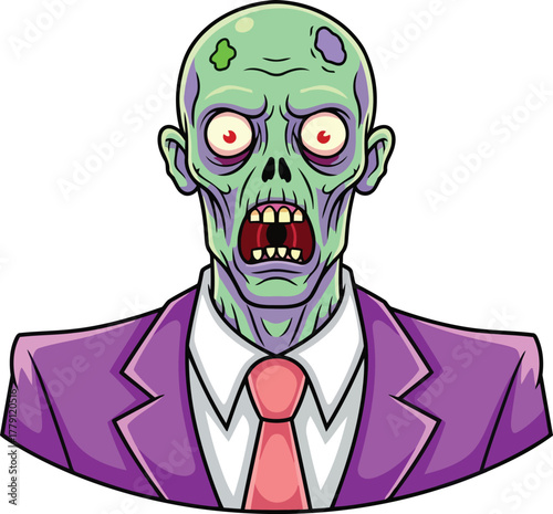 Cartoon zombie head in suit isolated on white background illustration