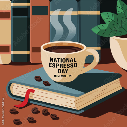 National espresso day celebration with a steaming cup of coffee on a book, surrounded by coffee beans and books, evoking a cozy reading and coffee culture
