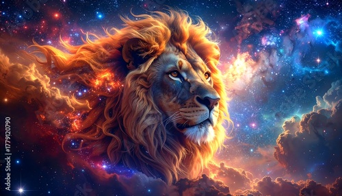 Majestic lion's head emerging from vibrant nebula filled with stars