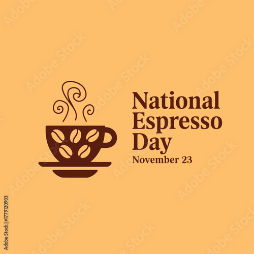 Minimalist graphic design for national espresso day on november 23rd, featuring a stylized coffee cup with beans and steam, set against a warm orange background