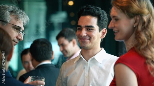 Businessman enjoy discussing with business partner at corporate networking event or office New year party. Company meeting, Team collaboration, Employee and customer gathering