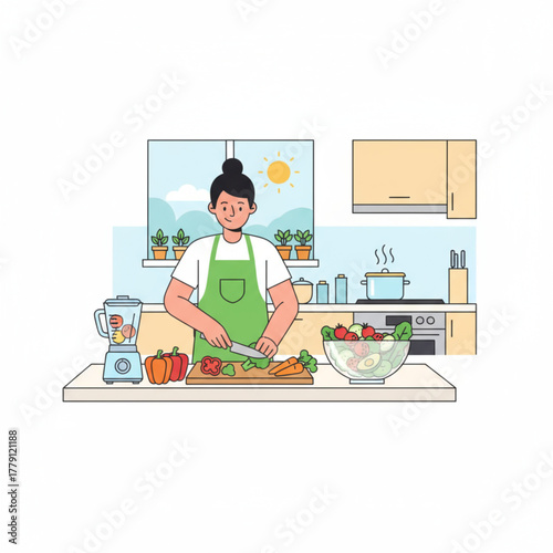 Woman Cooking and Preparing Healthy Food in Modern Kitchen.