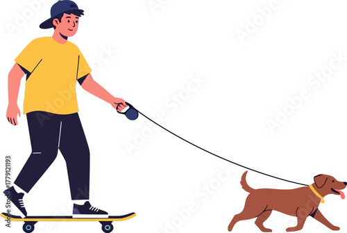 Young man in yellow shirt riding a skateboard while walking a brown dog with leash, depicted in simple, friendly style, is perfect for lifestyle or recreational themes.