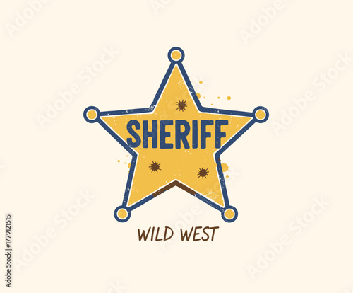 Retro Sheriff Badge Design. Vintage Wild West Star. Western Law Enforcement Emblem. Star Badge Illustration. Distressed Cowboy Symbol