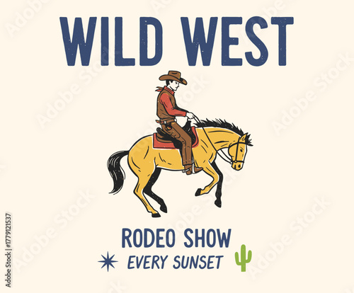 Wild West Rodeo Show Print. Vintage Cowboy Riding Horse. Retro Western Poster Design. Equestrian Event Graphics. Distressed Wild West Badge