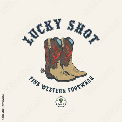 Vintage Cowboy Boots Logo Design. Western Footwear Retro Emblem. Distressed Rodeo Boot Graphic. Wild West Style Label. Hand Drawn Spur Boots Badge