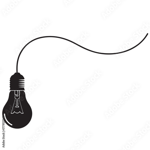 Black Light Bulb Icon Hanging from Curved Wire on White Background