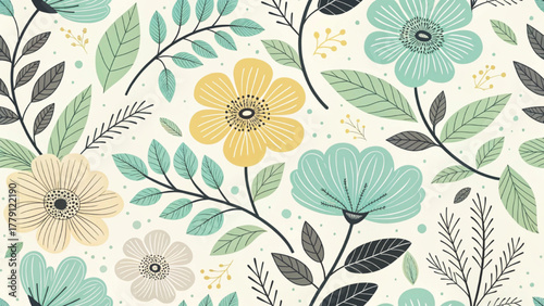 Seamless floral pattern modern abstract flowers with black outline petals and solid yellow petals Background 