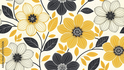 Seamless floral pattern modern abstract flowers with black outline petals and solid yellow petals Background 