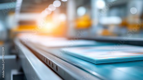 Wallpaper Mural Dynamic printing process closeup with defocused industrial setting, faceless manufacturing detail, production visualization, blurred factory background, technology innovation conce Torontodigital.ca