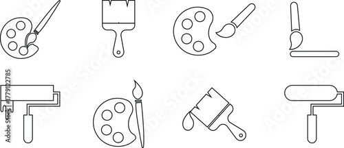 Painting icons set, art tool collection, brush and palette group, paint roller symbol vector illustration, black line style creative equipment isolated on transparent background