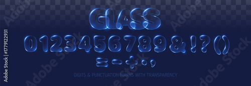 Glass digits and set vector illustration. Transparent shiny numbers on dark background.