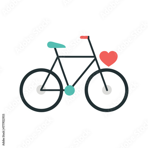 Flat vector illustration of a bicycle with heart-shaped wheels, simple and colorful, minimalistic design, realistic proportions, isolated on white background