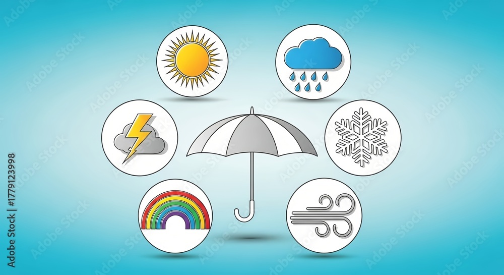 Naklejka premium Umbrella protects from diverse weather icons sun rain snow wind lightning rainbow
