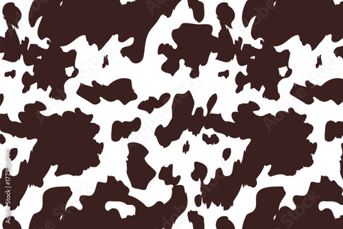 Cow monochrome pattern background. Vector animal skin print, brown dalmatian spots on white. Natural spotted texture for textile, fabric, dairy farm decor, wrapping paper, backdrop, wallpaper, banner.