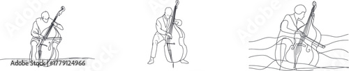 A man is illustrated playing a double bass, a classic music instrument, through a continuous one-line drawing technique