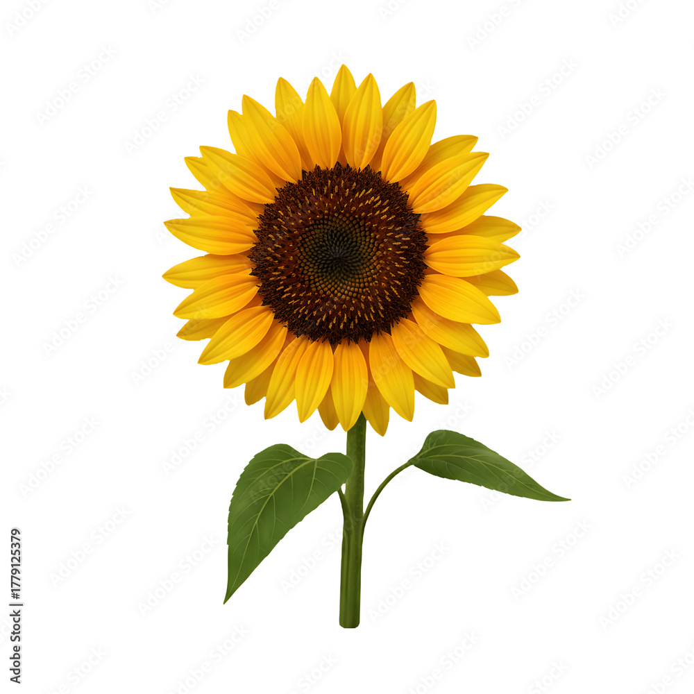 Obraz premium Ripe sunflower with yellow petals and dark middle, isolated on white background., Three sunflower flowers with stems and leaves isolated on a white background