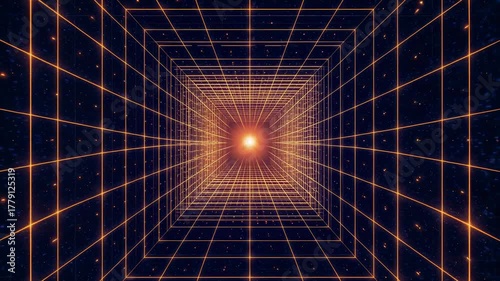 Golden grid tunnel stretching into space with glowing central light. Great for sci-fi intros, virtual reality demos, data visualizations and retro-futuristic designs.
