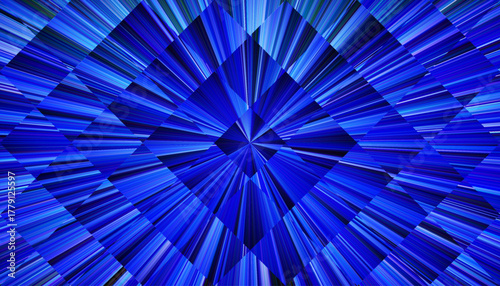 Abstract background with deep blue converging light rays forming geometric diamond grid pattern. Dynamic blue gradient rays converge in symmetrical motion for futuristic design, digital art. Vector