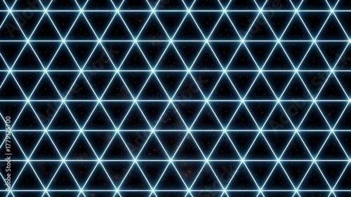 Geometric pattern of glowing blue triangles creating a digital mesh texture. Ideal for tech presentations, motion backgrounds, corporate promos and modern design visuals.
