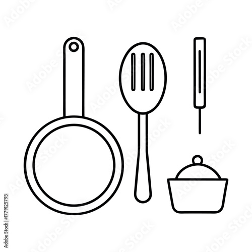 Line art icons of a knife, fork, spoon, and frying pan, all on a white background.