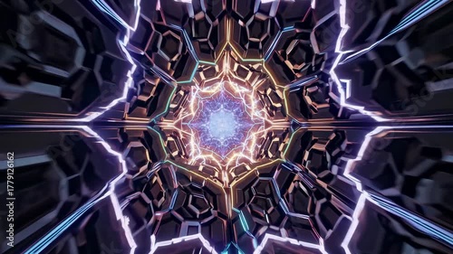Futuristic metallic tunnel illuminated by electric light lines and glowing hex patterns. Excellent for technology presentations, sci-fi sequences, data visualizations and product promos.
