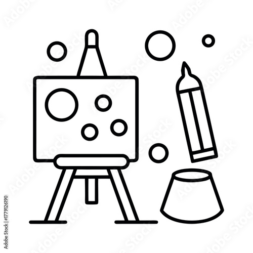 Line art icons of a paintbrush, a color palette, an easel, and a pencil, all on a white background.