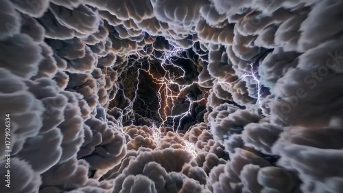 Dramatic view through dense storm clouds revealing a bright lightning core. Excellent for cinematic openers, weather documentaries, science explainers and visual effects backgrounds.
