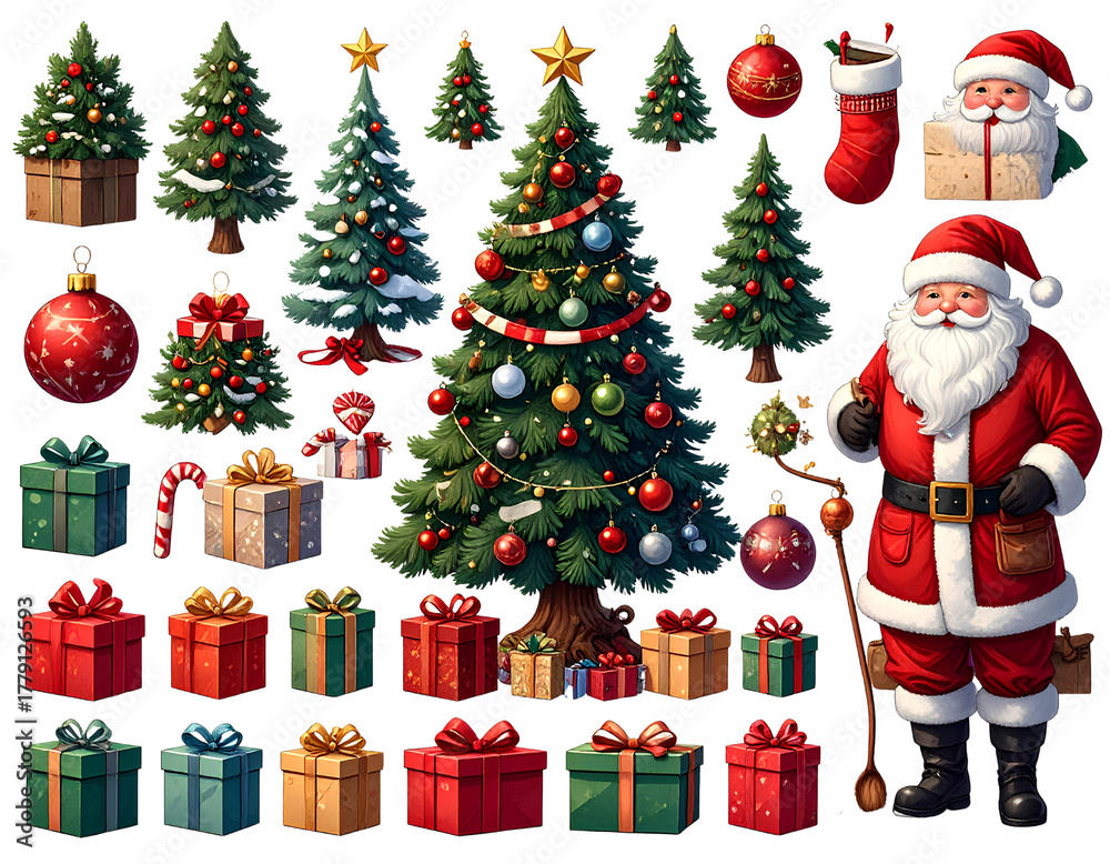 Fototapeta premium Ultimate Christmas bundle of cut-out design elements. Santa, Christmas trees, gif