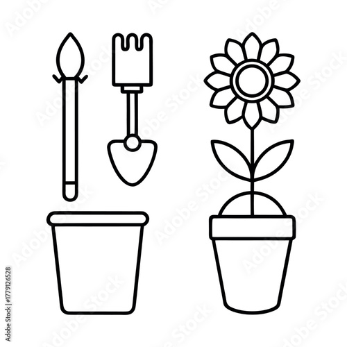 Line art icons of a shovel, a watering can, a flower pot, and gardening gloves, all on a white background.