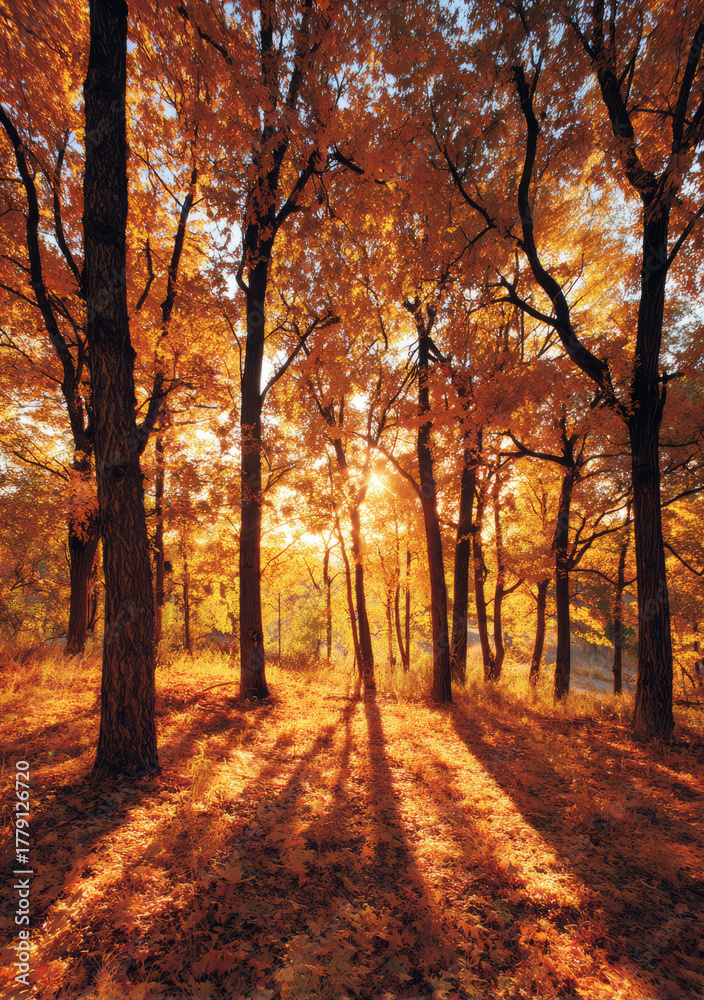 Obraz premium Golden forest sunrise autumn trees warm light long shadows