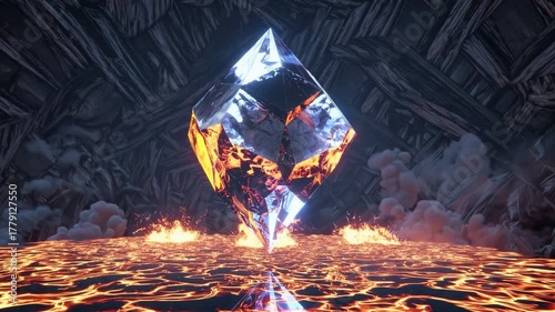 Massive floating crystal over molten lava surface surrounded by smoke and sparks. Perfect for cinematic openers, fantasy trailers, gaming intros and high-impact visual effects.
