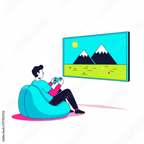 Man Playing Video Games on Television for Modern Lifestyle Relaxation.