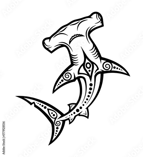 A powerful hammerhead shark depicted in an intricate, black and white Polynesian tribal tattoo style as a vector illustration
