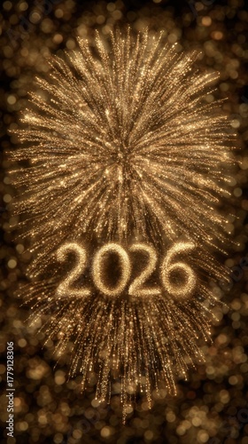 Golden glitter 2026 numbers fireworks background. Happy New year celebration backdrop for greeting card or festive gold decoration. Winter holiday season poster. Christmas vertical banner.