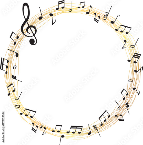 gold and black colored vector sheet music round frame - musical notes melody